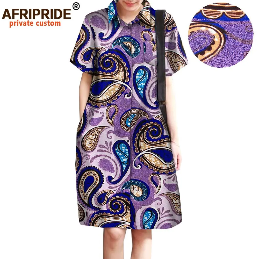 African Print Dresses for Women Shirt Dress Wax Batik 100% Cotton Plus Size Casual Outfits Short Sleeve Mini Dress A1825051