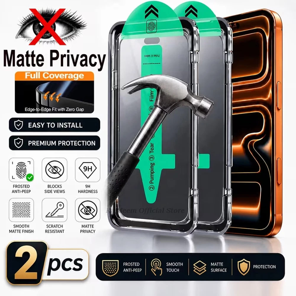 2pcs Matte Anti-Peeping Screen Protector For iPhone 17 Pro Max 18 16 16e 15 14 13 12 11 Air X XR XS Max Dust Free Tempered Glass