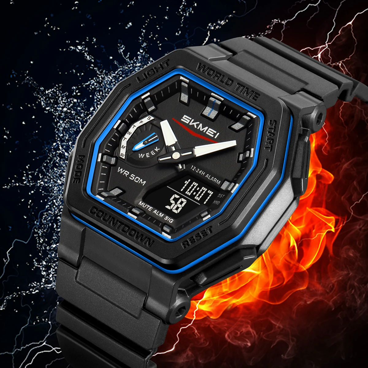 SKMEI الإبداعية مضيئة عرض الالكترونيات الرقمية ساعة رياضية 5 ساعات منبه للرجال النساء مقاوم للماء التوقيت العالمي ساعة اليد