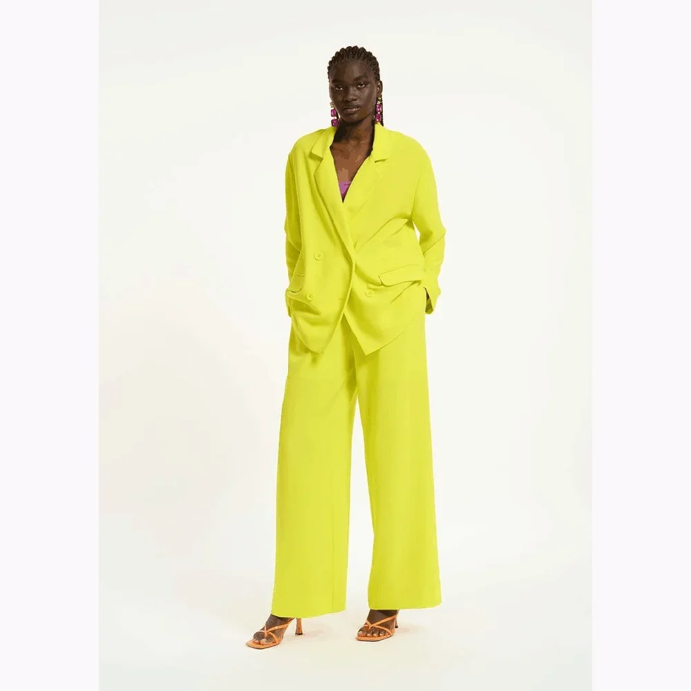 Hot Selling Bright Yellow Loose Fitting Women's Pants Set Double Breasted Female Two Pieces( Blazer+Trousers)