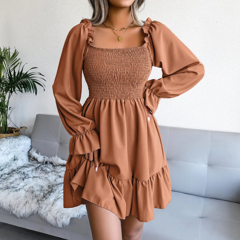 Women's Square Neck Flared Long Sleeved Ruffled Hem Dress Large Swing Dress