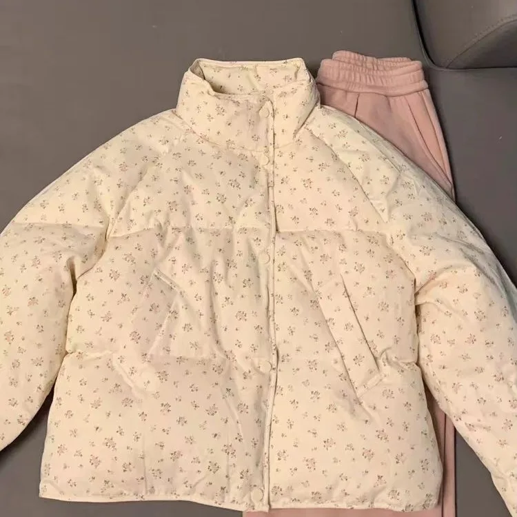 Korean Style Short Thickened Bread Coat Women's Winter Jacket Floral Print Stand Collar Padded Cotton Outerwear Small Size