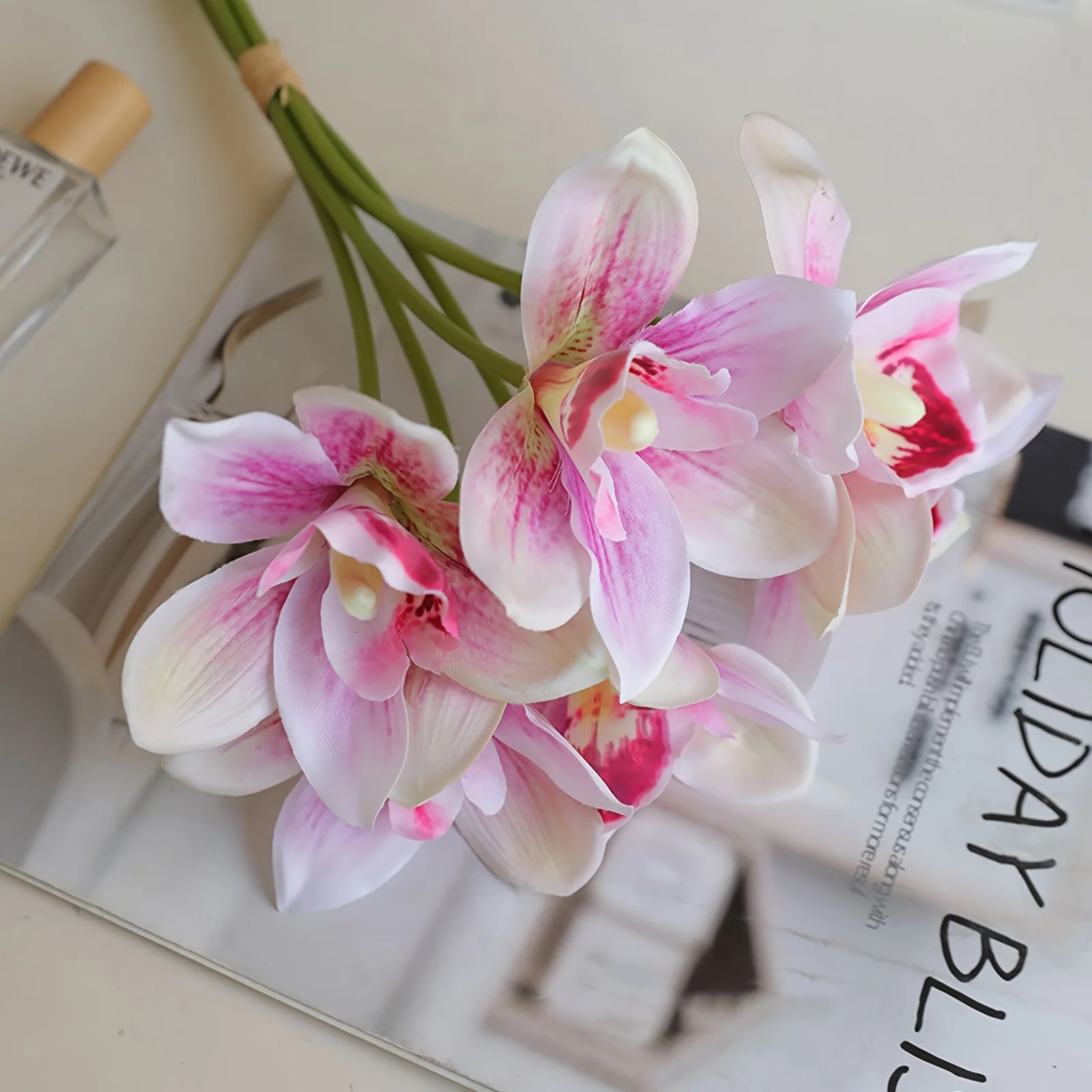 6 قطع من باقات الأوركيد الاصطناعية الأنيقة - زهور سيمبيديوم واقعية للديكور الداخلي والخارجي، مثالية لحفلات الزفاف #5