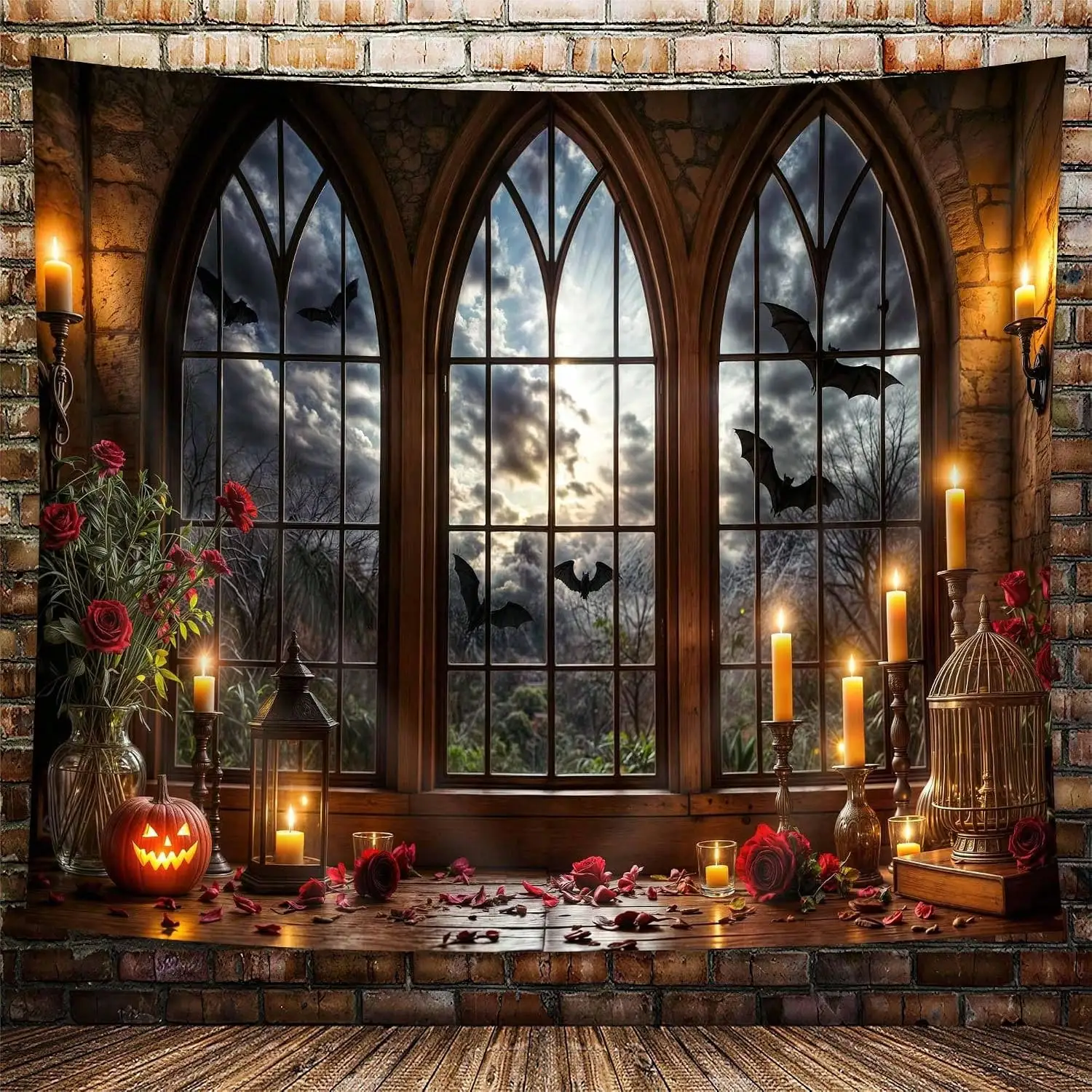 INGIFTA Halloween Decor- Halloween Gothic Window Tapestry, Spooky Bat Jack-O-Lantern Wall Hanging, Vintage Medieval Castle Window Backdrop With Candles And Roses, Dark Academia Aesthetic Tapestry Halloween Decor Room Decor, Wall Decor. Halloween Gifts view 2