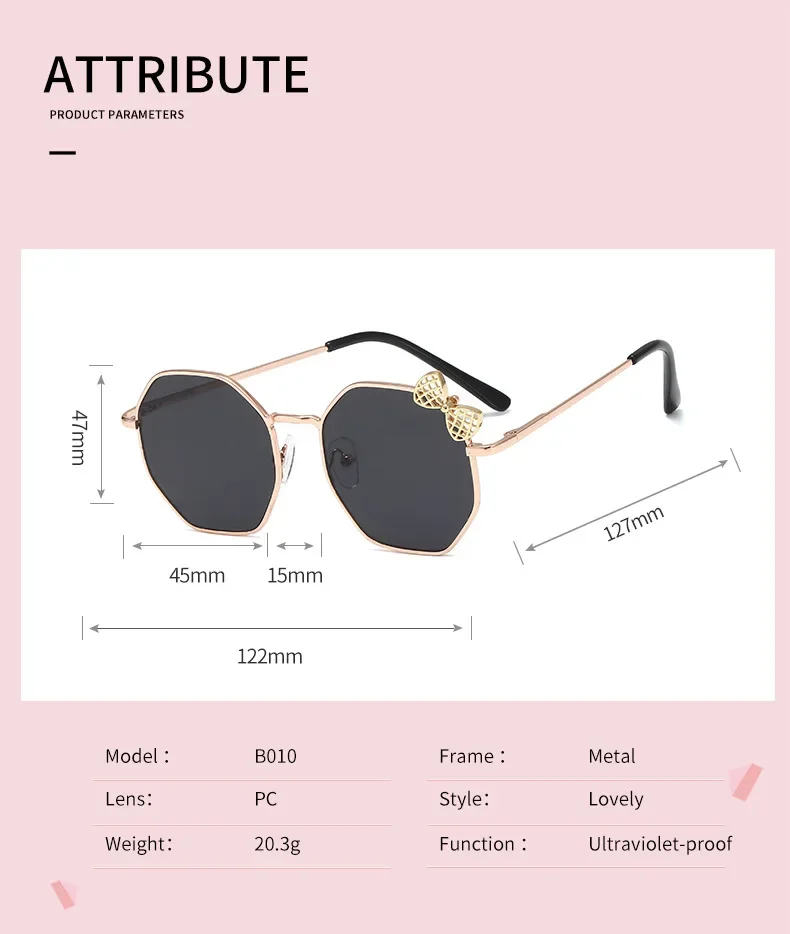 Trendy Fashion Boys and Girls Bow Metal Sunglasses B010 Polygon Trend Children\'s Sun Glasses Kids Outdoor UV400 Eyewear