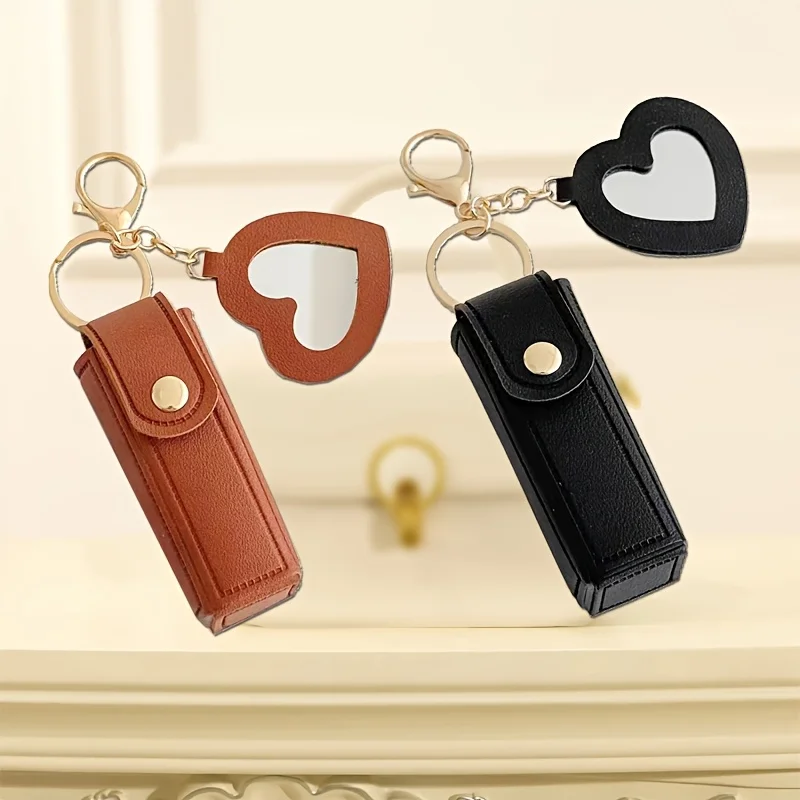 trendy women lipstick pu leather Storage case keychain with heart mirror handbag bag charm car keyring pendant birthday gift