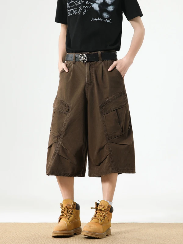 

Trendy Men's Workwear Cargo Pants Seven-Foot Loose Straight-Leg Design Summer Casual orts Youthful Vitali Pure Color