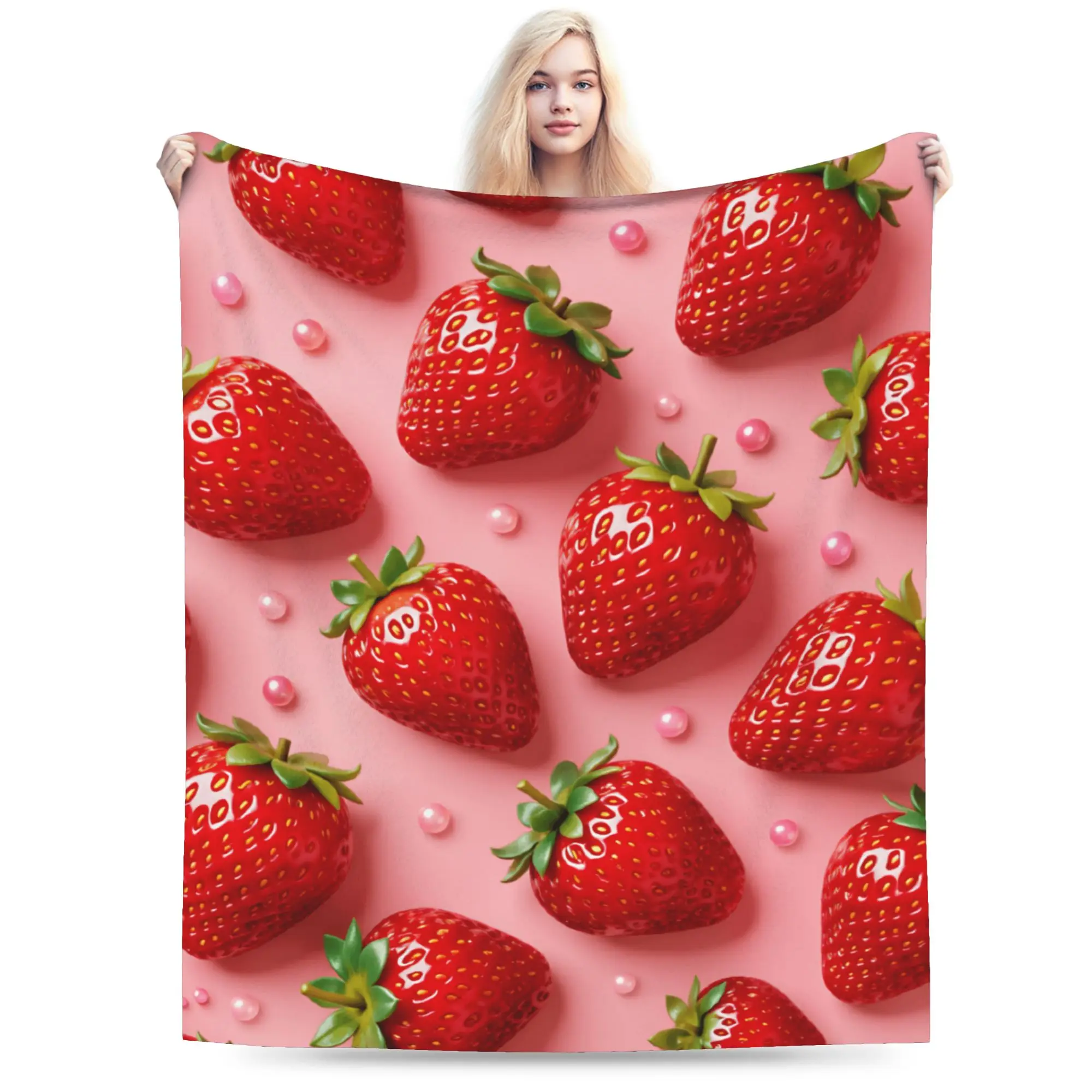 3D Strawberry Seamless Pattern Blanket Warm  Throw Blanket Winter Kids Adults Living Room Camping Bedspread