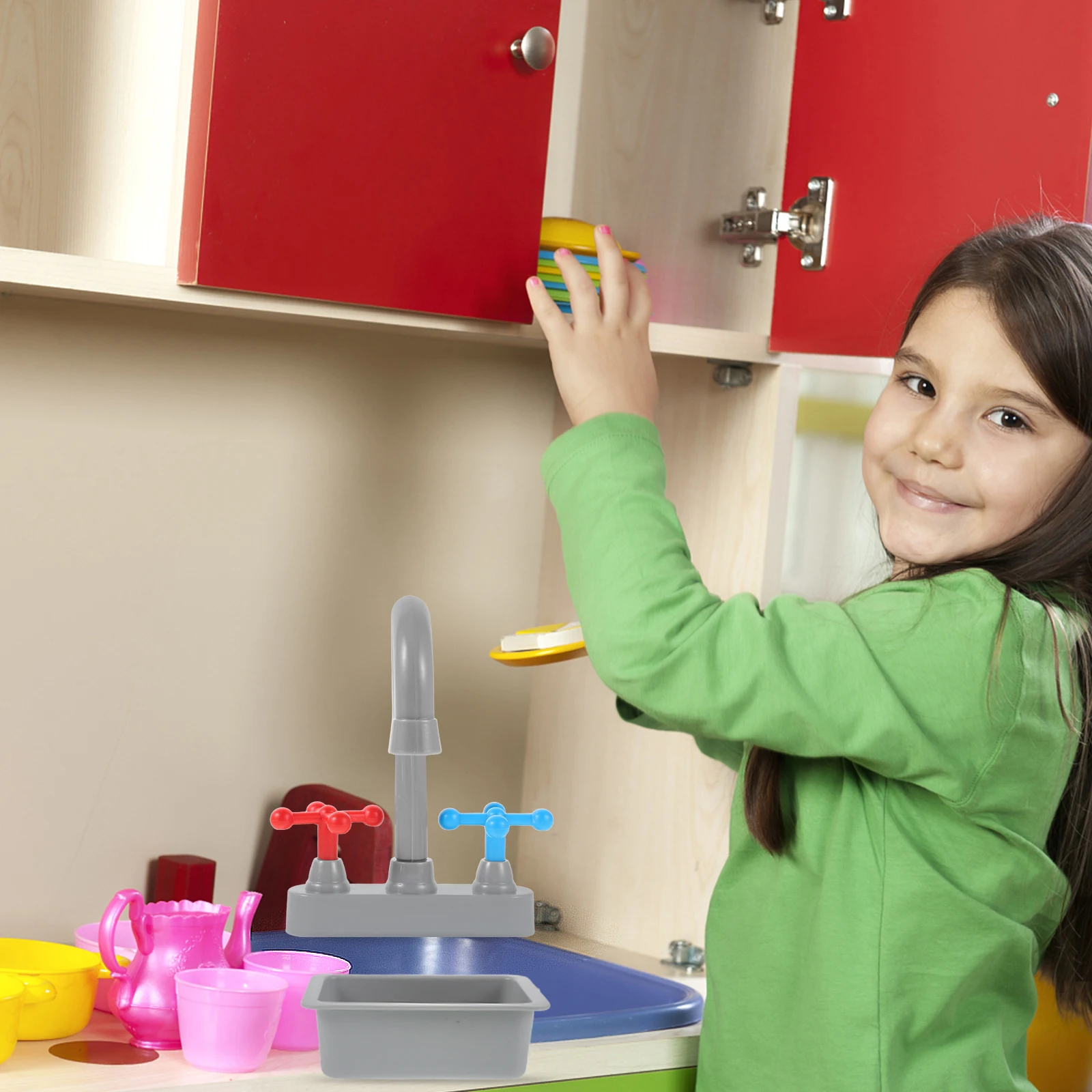 1Set Aanrecht Kraan Realistische Wastafel Wassen Rollenspel Accessoire Compact Kids Pretend Keukenapparatuur Kraan Wastafel Model