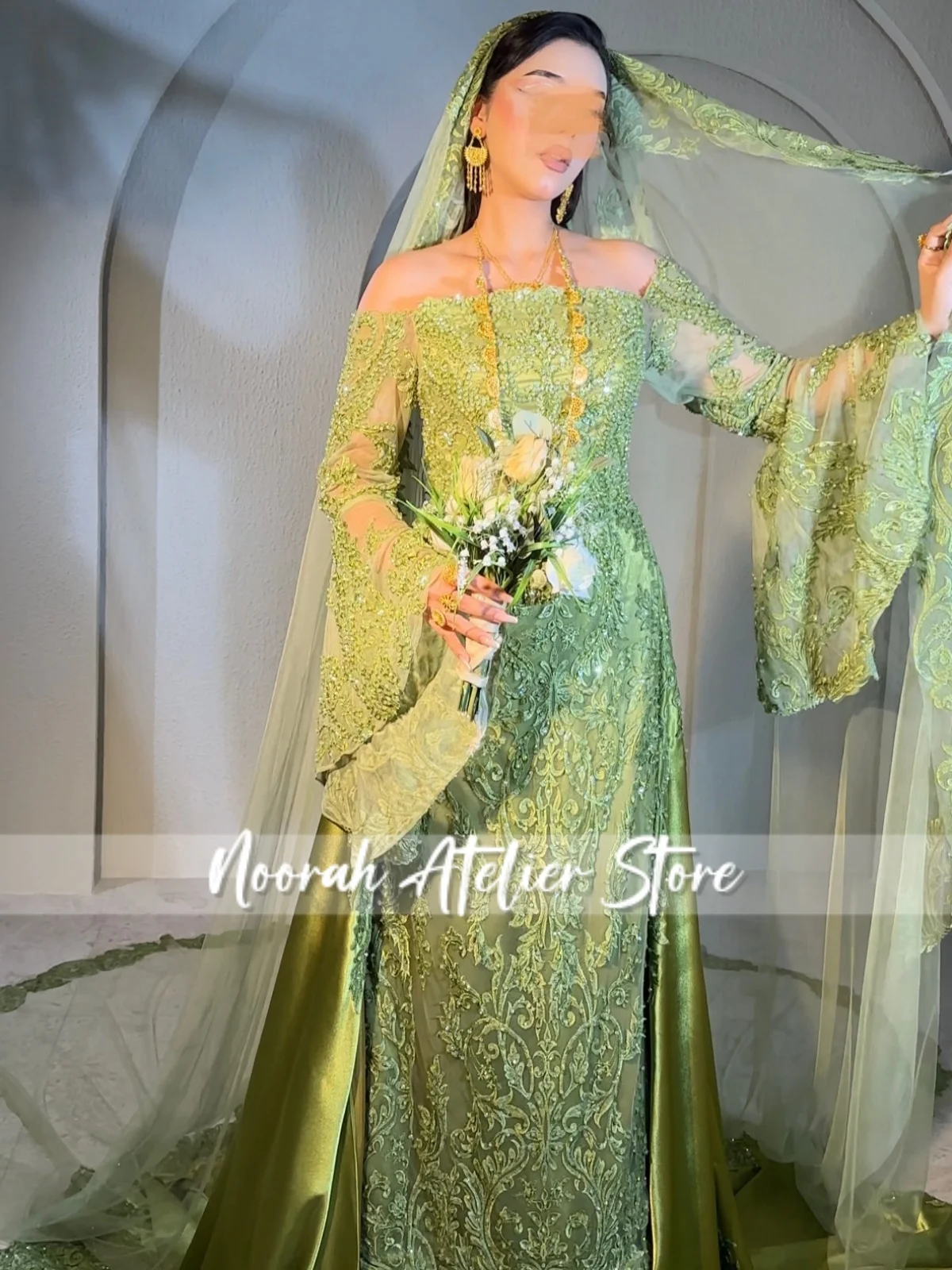Customized Olive Green Saudi Wedding Dress Off Shoulder Long Sleeve Beaded Lace  فساتين اعراس وسهرات  With Veil For Nikah Walima