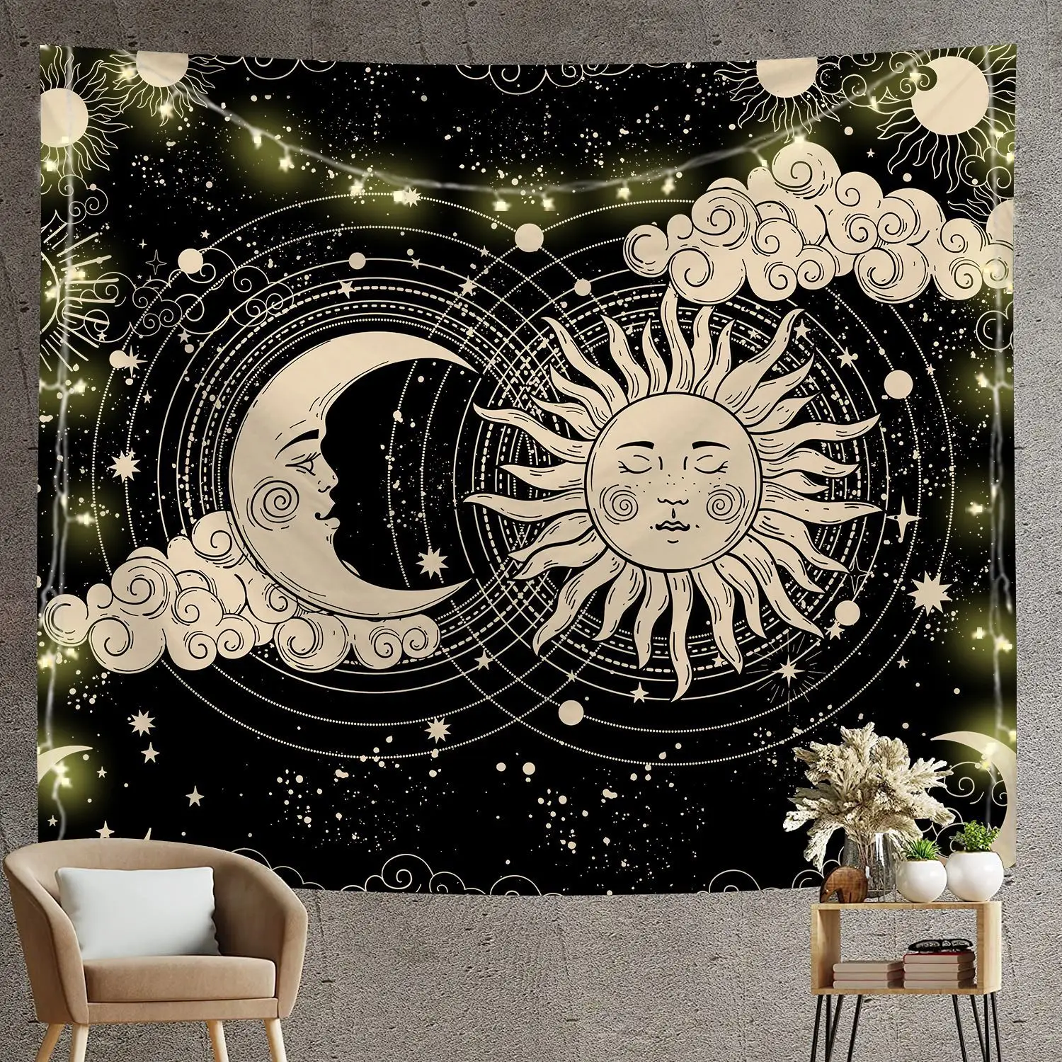 Psychedelic Tapestry Wall Hanging Moon Sun Black and White Cloth Living Room Bedroom Decor Aesthetic Wall Art Home Decoration