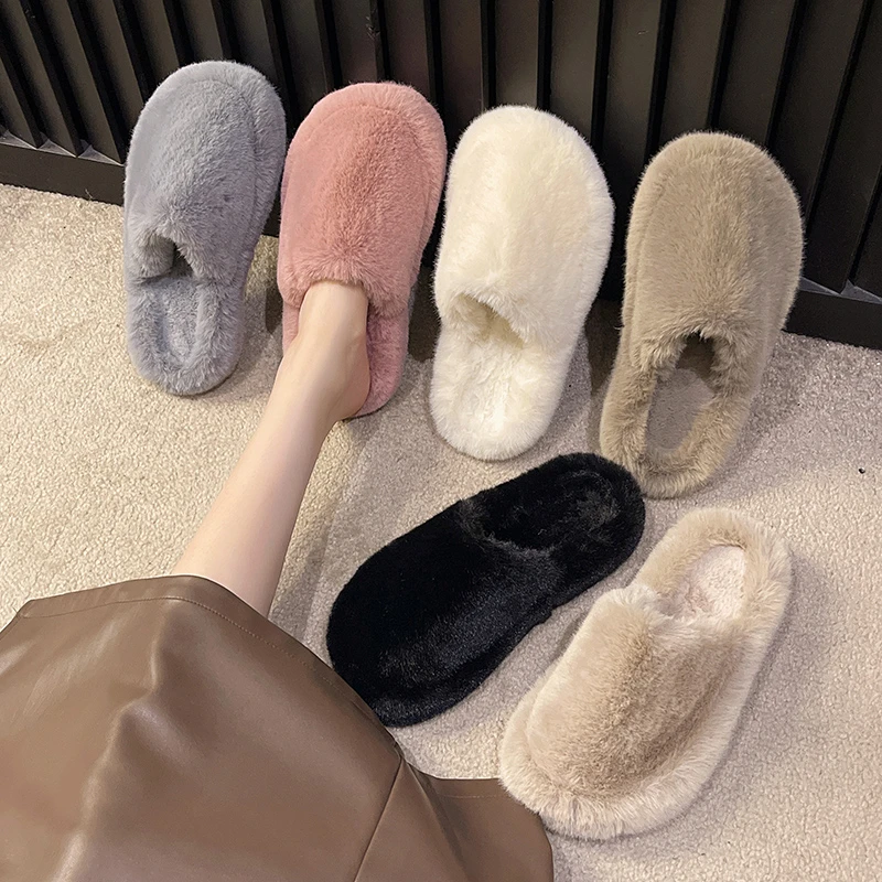 Flat Shoes Female Winter Woman Slipper Slides Flock Loafers Fur Flip Flops Cover Toe Soft Massage Plush Basic Rome with fur Rubb