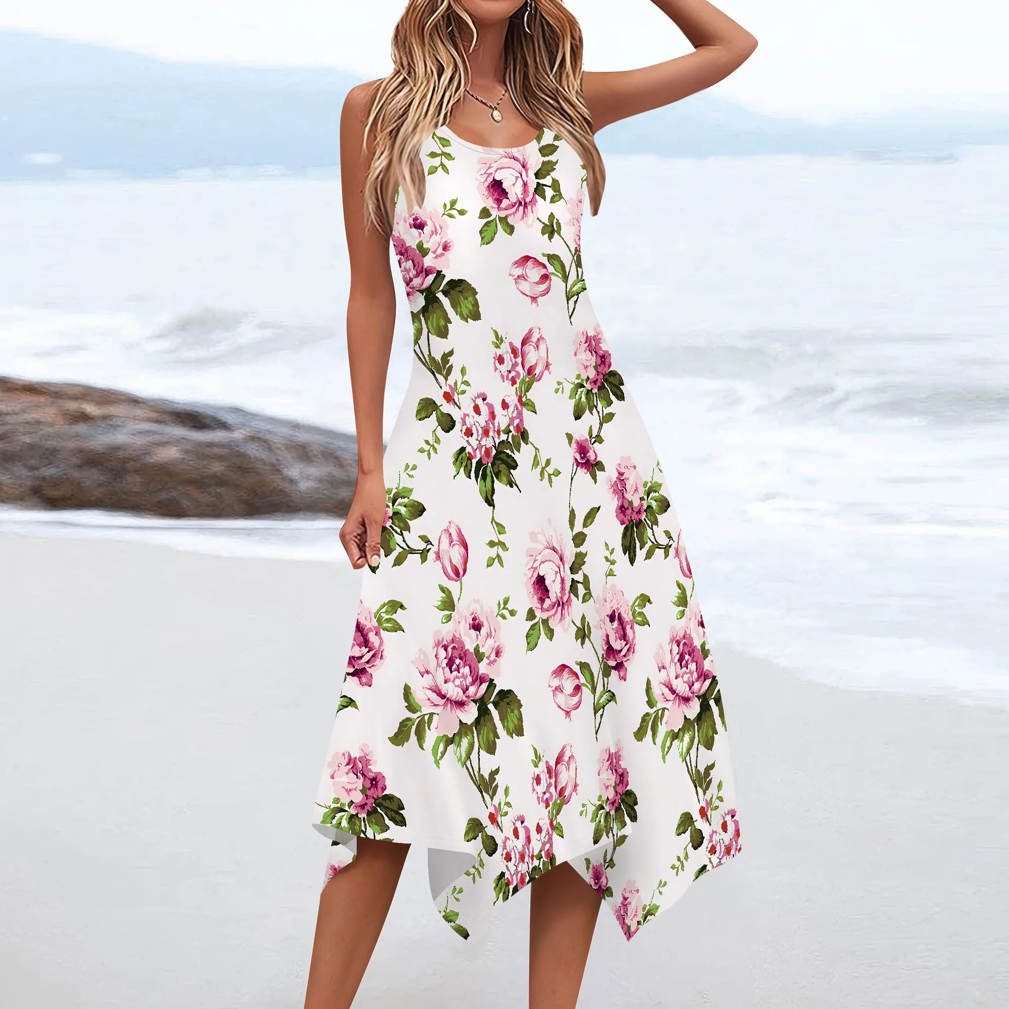 Robe d'été décontractée pour femmes, col rond, t-shirt sans manches, débardeur ample, robes de plage