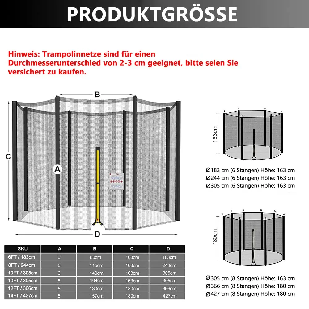 Safety Net for Trampoline, Round Protective Net for Garden Trampoline, Diameter 183 244 305cm, Trampoline Replacement Net,