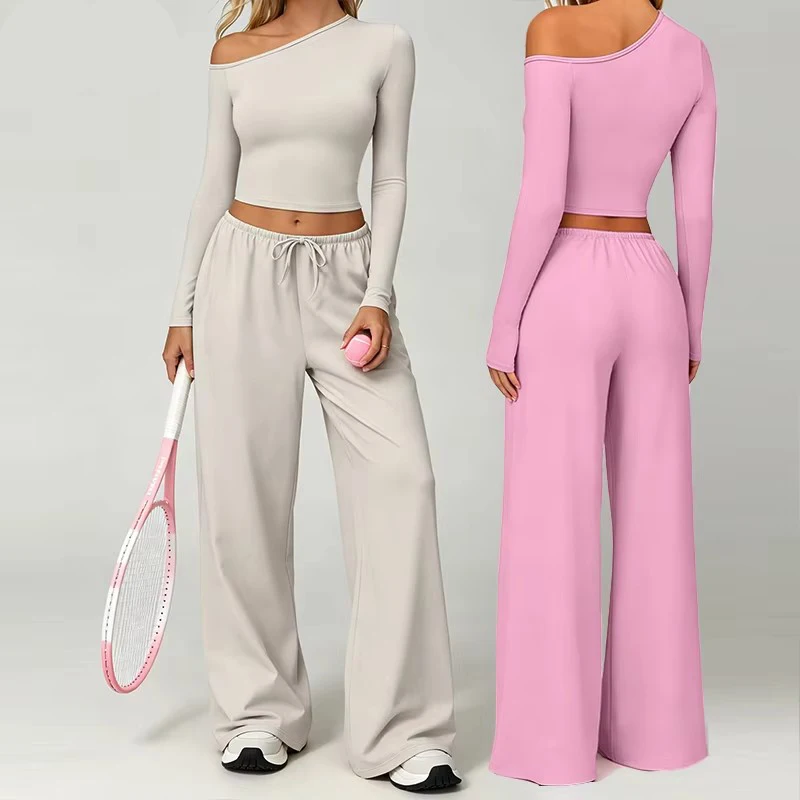 Women's 2Pcs Yoga Set Off Shoulder Long Sleeve Crop Top High Waist Wide Leg Pants Naked Feel Flowy Lounge Gym Activewear