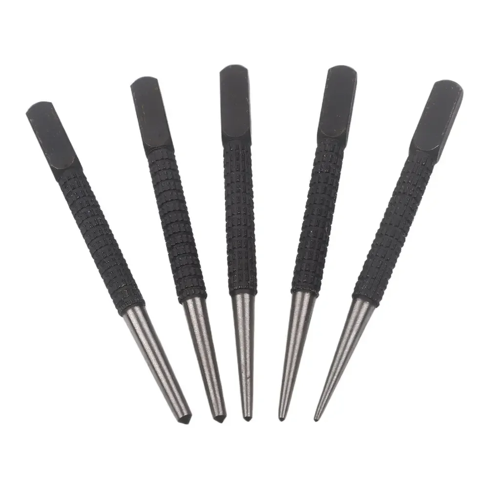 5pc Nail Punch Set with Knurled Body & Square Striking Head 100mm Alloy Steel Punching Tool for Wood Metal Plastic 0.8-4.8mm