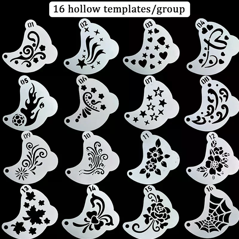 16Pcs Face Painting Tattoo Stencil Set Reusable Hollowed Body Art Paint Stencils DIY Eyebrow Templates Hand Drawn Spray Painting