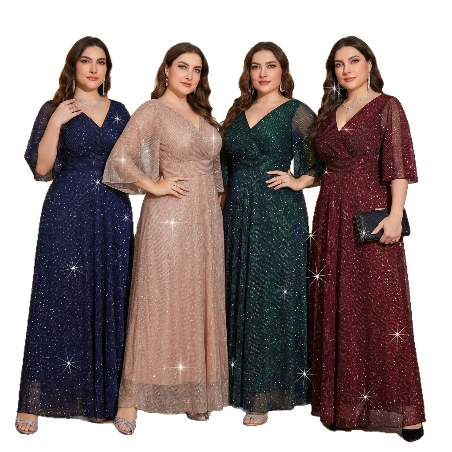 Abito lungo da sera taglie forti con scollo a V, maniche a volant trasparenti, glitter a stella, in tulle, con vita avvolgente e linea ad A fluida, disponibile in 4 colori