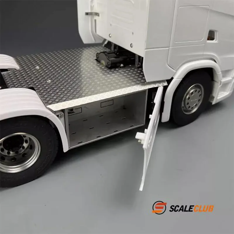 SCALECLUB 1/14 dla SCANIA 770S pokrywa podwozia ze stali nierdzewnej płyta przeciwpoślizgowa platforma antypoślizgowa boczna skrzynka narzędziowa