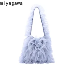 Miyagawa borsa a pieghe in pizzo stile ragazza dolce giapponese con giunture in filato morbido di pizzo borse a tracolla ascellari portatili