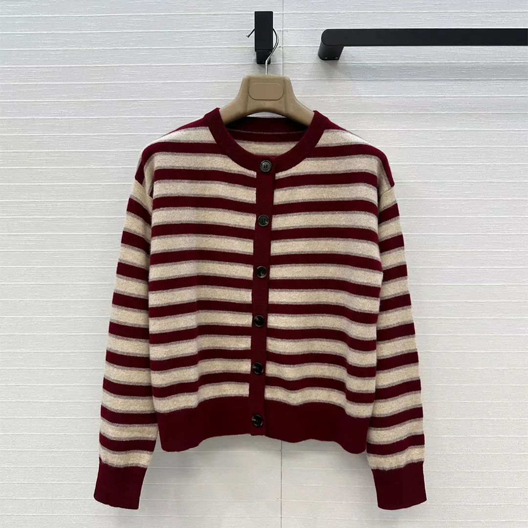 

Luxury 100% Cashmere Soft Knitted Cardigans Women O-neck Contrast Stripes Lurex Long Sleeve Single Breasted Casual Sweater
