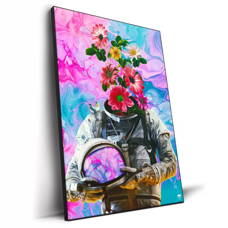 

Colorful Flower Head Liquid Astronaut Canvas Print Surreal Figure Painting Abstract Art Wall Pictures for Living Room Decoration