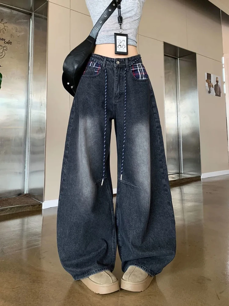 American Plaid Patchwork Women Wide Leg Jeans Autumn High Waist Streetwear Loose Scimitar Trousers Harajuku All Match Denim Pant