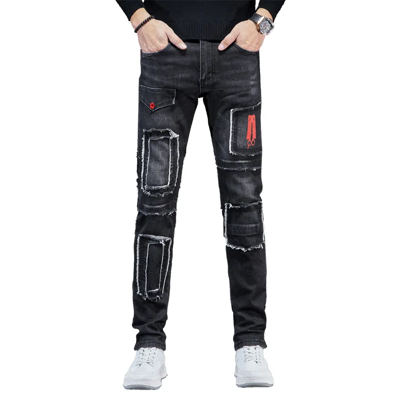 2024New American High Street Jeans Men's Locomotive Style Fashion Personality Slim Fit Patchwork Stitching Trousers