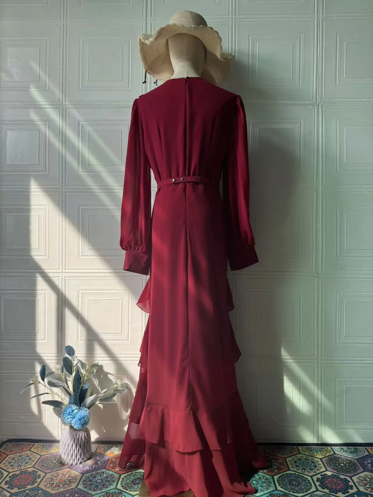 Elegant Solid Layered Ruffle Long Dress Women O Neck Long Sleeve Belt Chiffon Maxi Dress Autumn Wedding Guest Evening Party Robe