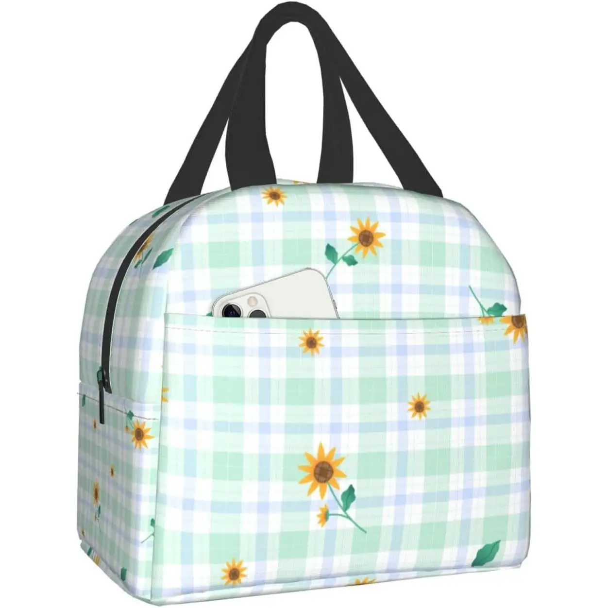 Yellow Green Sunflower On Green Plaid Lunch Box Bento Box Insulated Lunch Boxes Reusable Waterproof Lunch Bag With Front Pocket