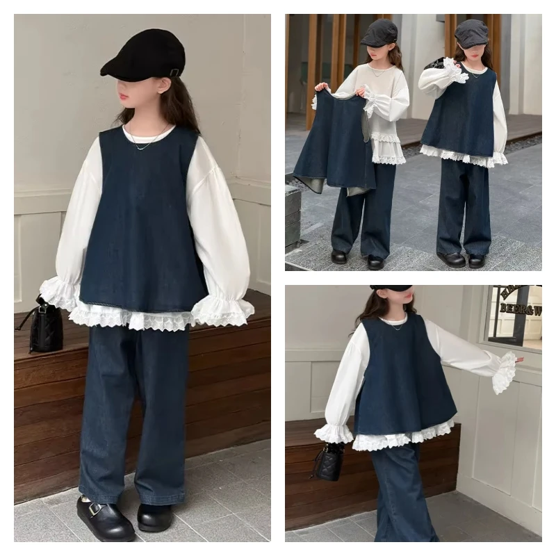 

hot Kawaii Girl Fashion Cowboy Vest Pants Set Spring Autumn Casual Cartoon Tops Long Pants Three-Piece Set Children's Clothing