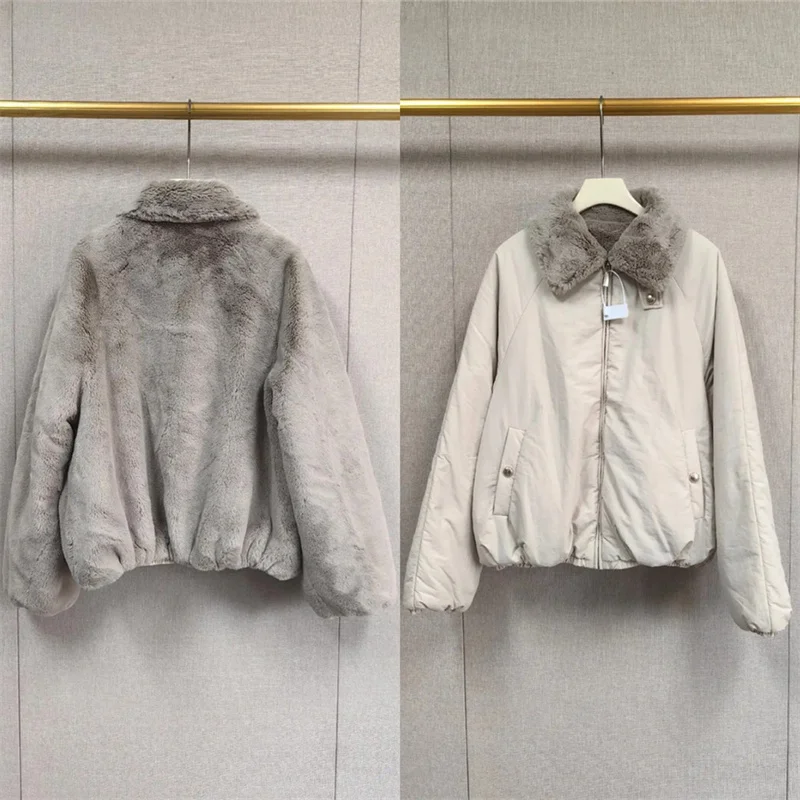 Fashion Women's Long Sleeved Zipper Warm Jacket 2026 Winter New Ladies Reversible Plush Lapel Short Coat Two Wear Ways