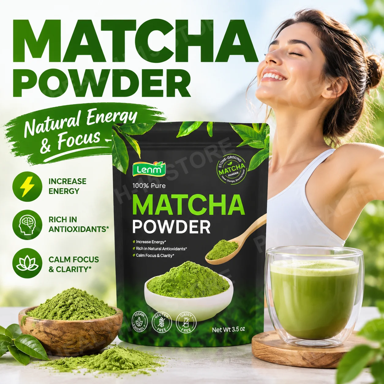 Matcha Green Tea Powder Energy & Calm Focus with Antioxidant Support, Stone-Ground, Vegan Gluten Free, 33 Servings (100g)