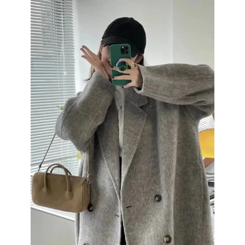 Mode pure handgemaakte kasjmier jas losse middellange plus size wollen jas 50% wol dubbelzijdige wollen jas voor dames 2024