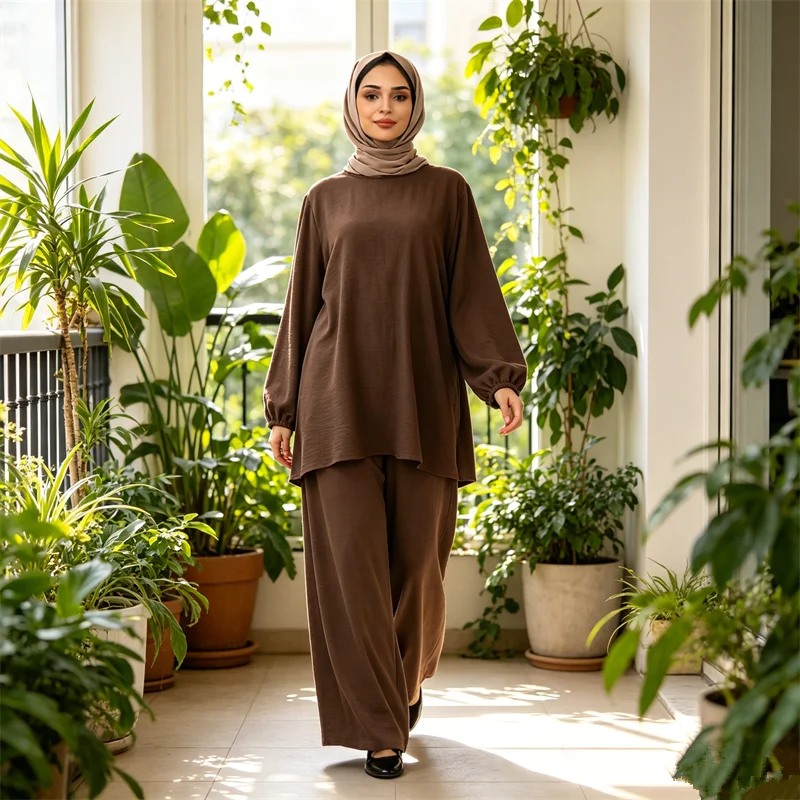 

Muslim Women Tops and Wide Leg Pants 2 Piece Set Dubai Abaya Kaftan Islam Clothing Tracksuit Outfits Femme Musulmane Ensembles