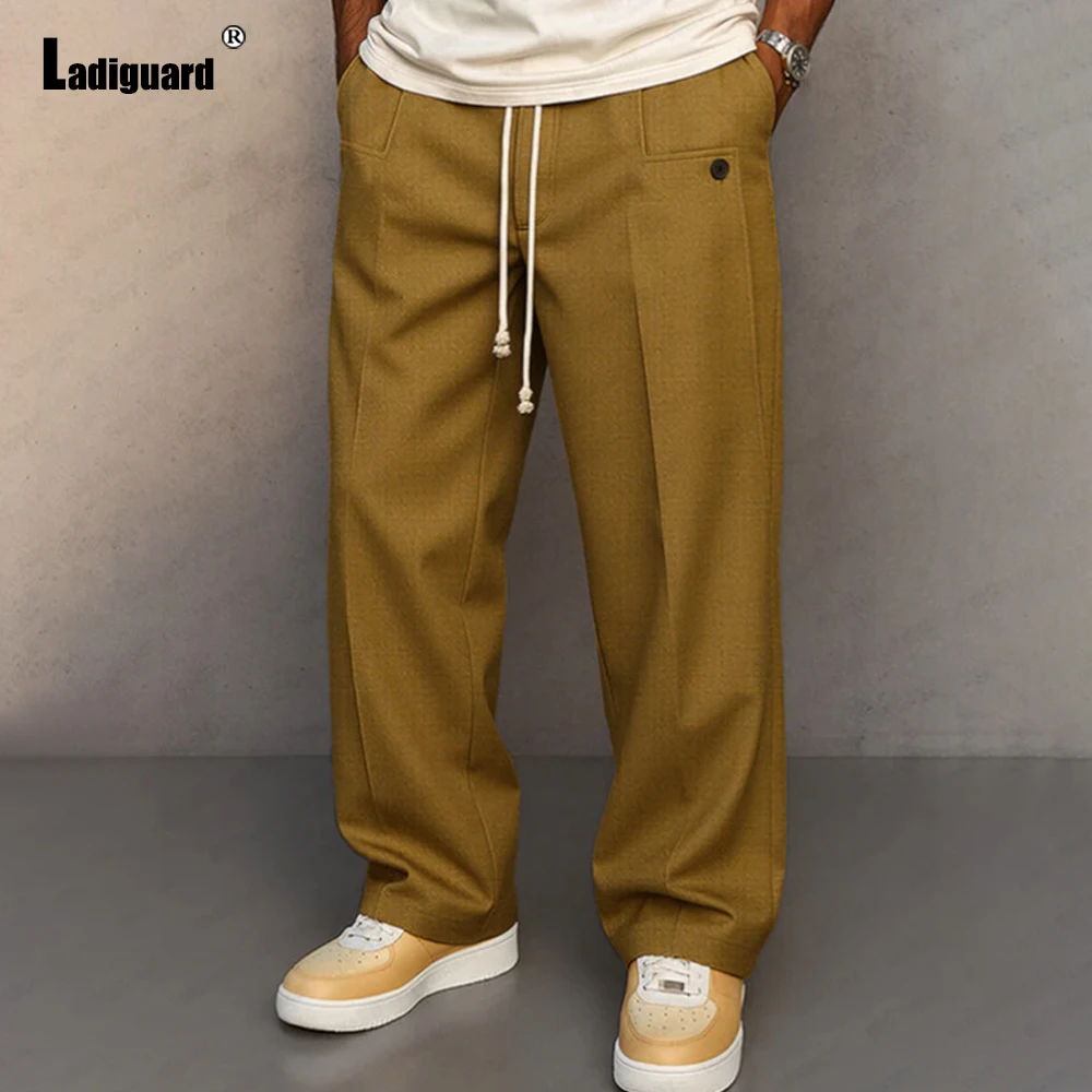 

2026 Men's Stand Pocket Casual Straight Leg Pants Plus Size 3xl Mens Baggy Drawstring Trouser Hommes Ankle-Length Bottoms Yellow