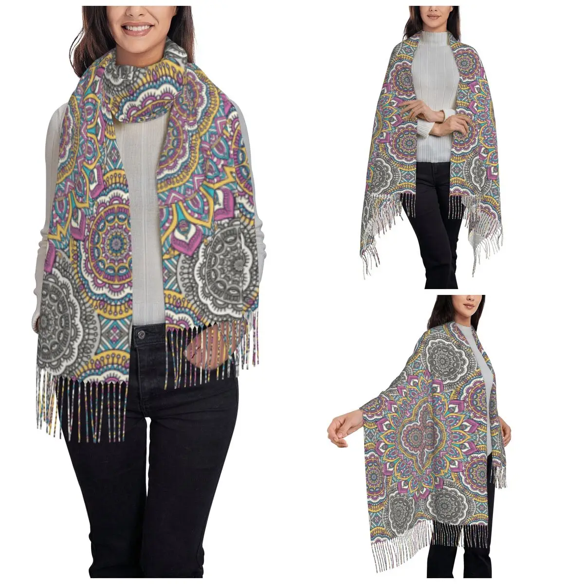 Women's Tassel Scarf Abstract Boho Mandala Pattern Long Winter Fall Shawl Wrap Bohemian Daily Wear Cashmere Scarf