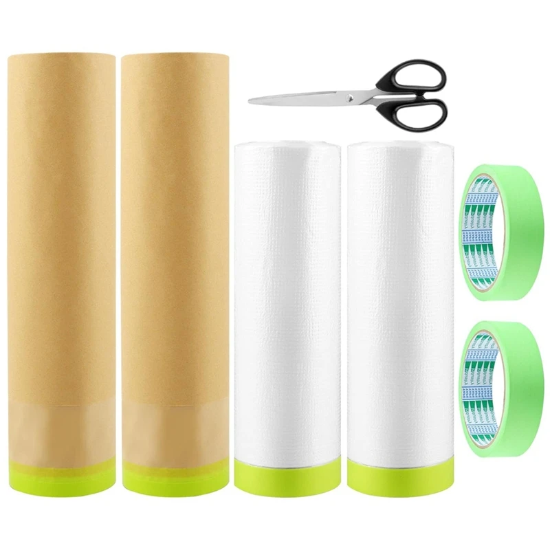 Masking Paper, 6 Rolls Of Pre-Sticked Masking Paper And Scissors, Tape And Drapes, Painters Paper For Covering Skirts