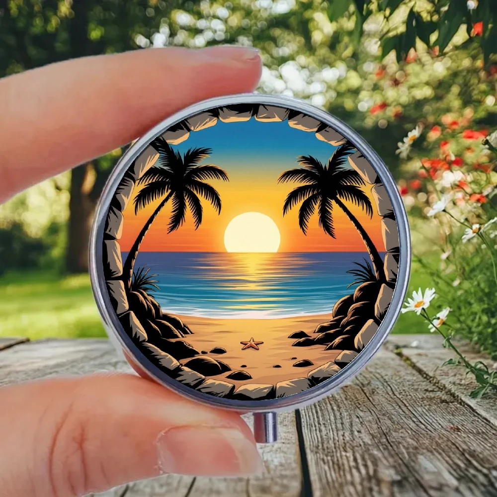 A Two-Dimensional Flat Pill Organizer with a Tropical Sunset Beach Scene Design, Featuring Palm Trees and Sea Views, and Features a Three-Compartment Design. It Is Portable and Conveniently Fits into Your Wallet Or.