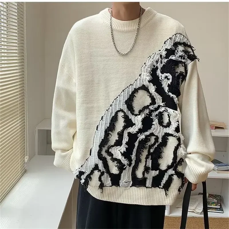 

Y2K Mens American Loose Vintage White Sweaters Autumn Winter Man Frayed Hole Knitwear Sweater O-Neck Knitted Pullover Pull Homme