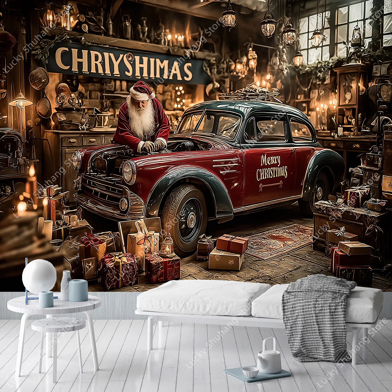 Vintage Santa Mechanic Garage Workshop Tapestry Retro Christmas Scene Wall Hanging for Man Cave Living Room Holiday Decor Gift