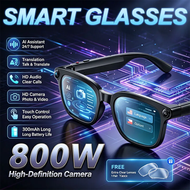 

2026 New Smart Glasses 800W HD Camera Video Record AI Assistant Touch Control Translation HD Audio 300mAh Battery Smart Glasses