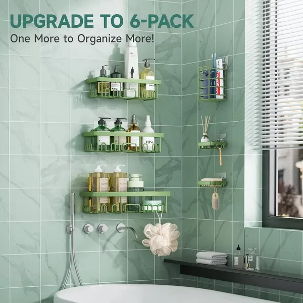 

Rustproof & Waterproof Shower Caddy 6-Pack, No Drilling Adhesive Shelves Rack with Soap Holder, Large