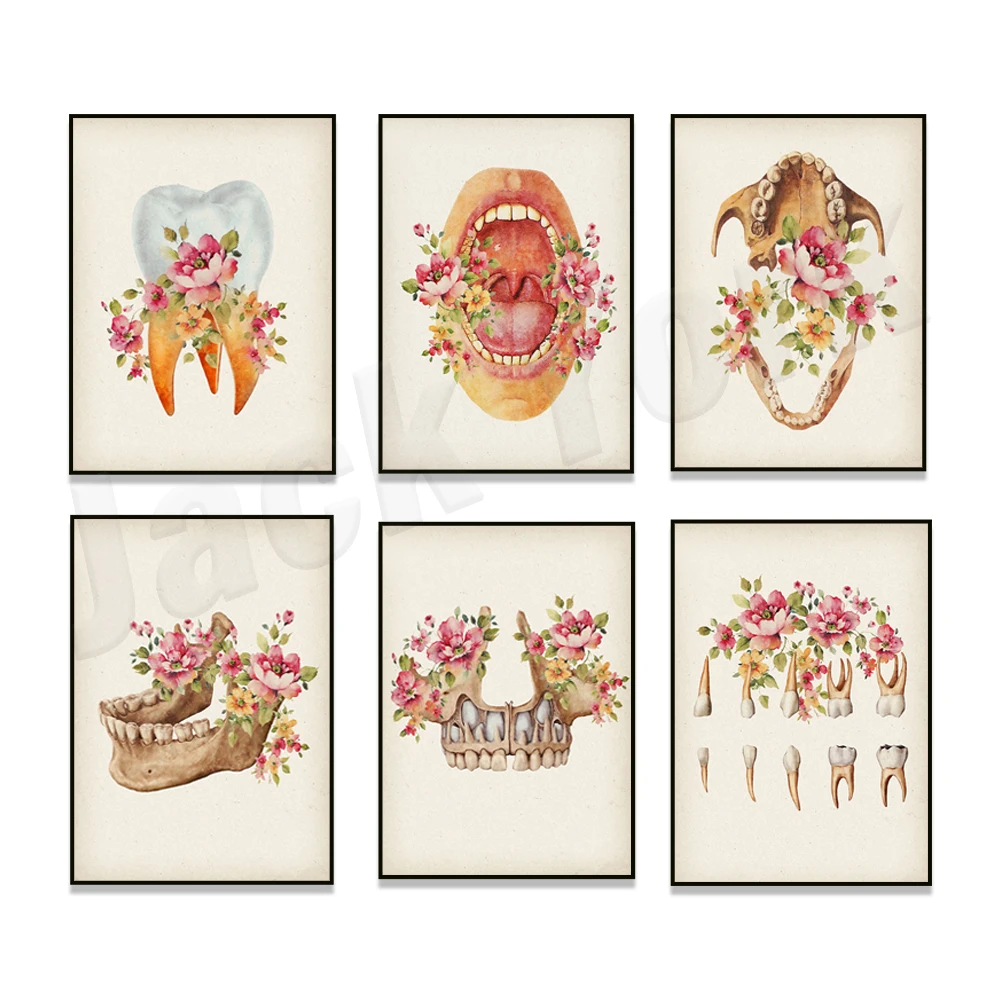 Vintage Dental Art, Floral Anatomy Art Human Teeth and Jaw Poster Dental Orthodontist Doctor Gift Dentist Clinic Decoration,