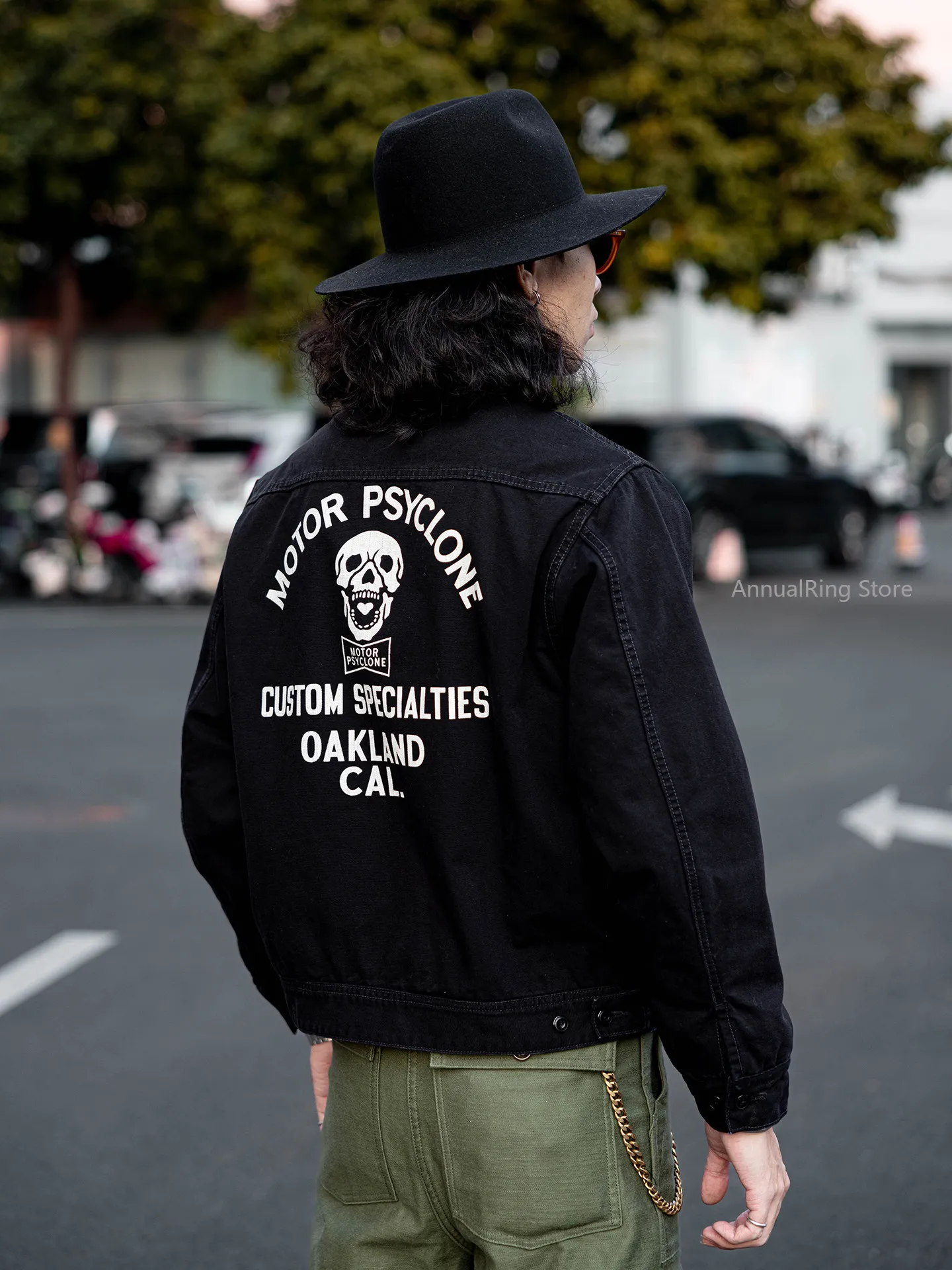 Red Tornado Screaming Skull Garage Worker Jacket Men's Vintage Canvas Biker Coat with Corduroy Collar Black