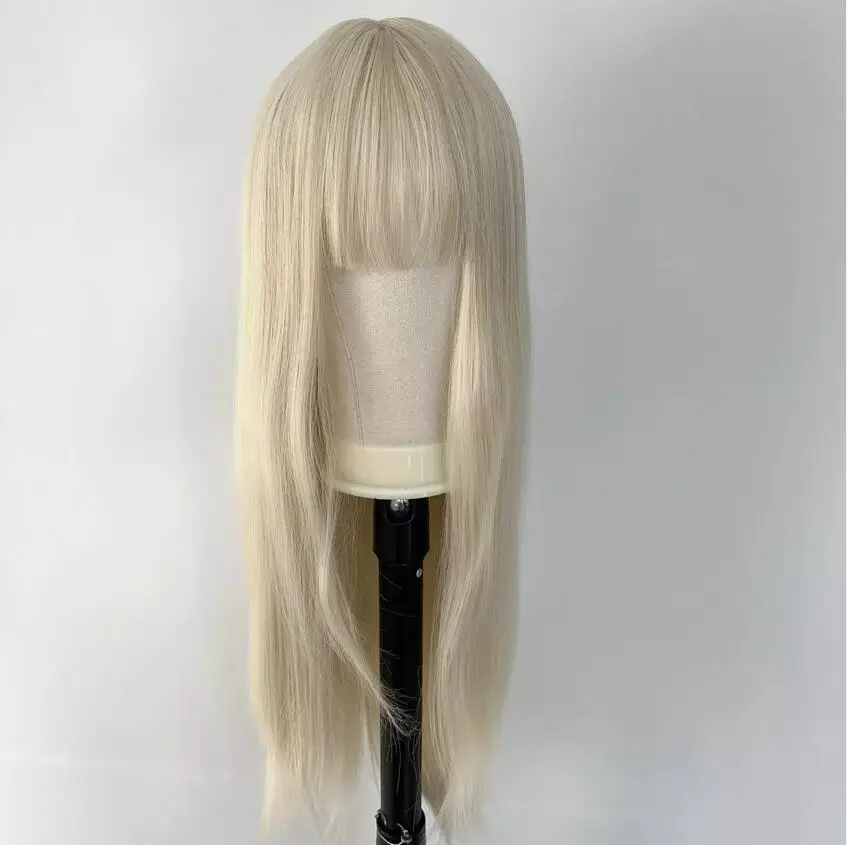 Platinum blonde Synthetic Hair Long Straight Dress Up Wig With Bangs