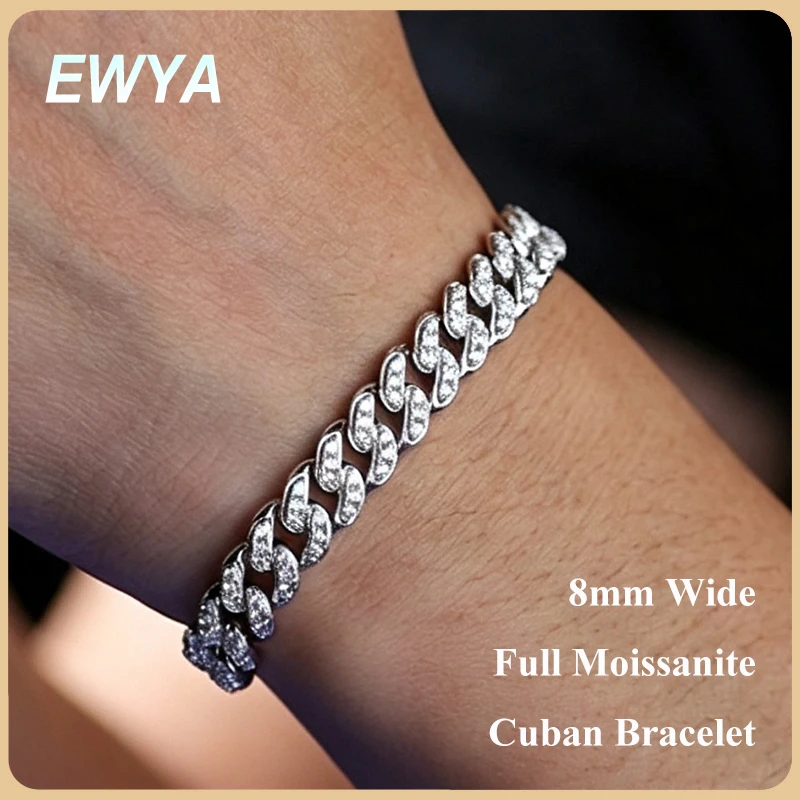 EWYA Sparkling Real Full Moissanite Cuban Chain Bracelet for Men Women 8mm S925 Sterling Silver Hip Hop Diamond Link Bracelets