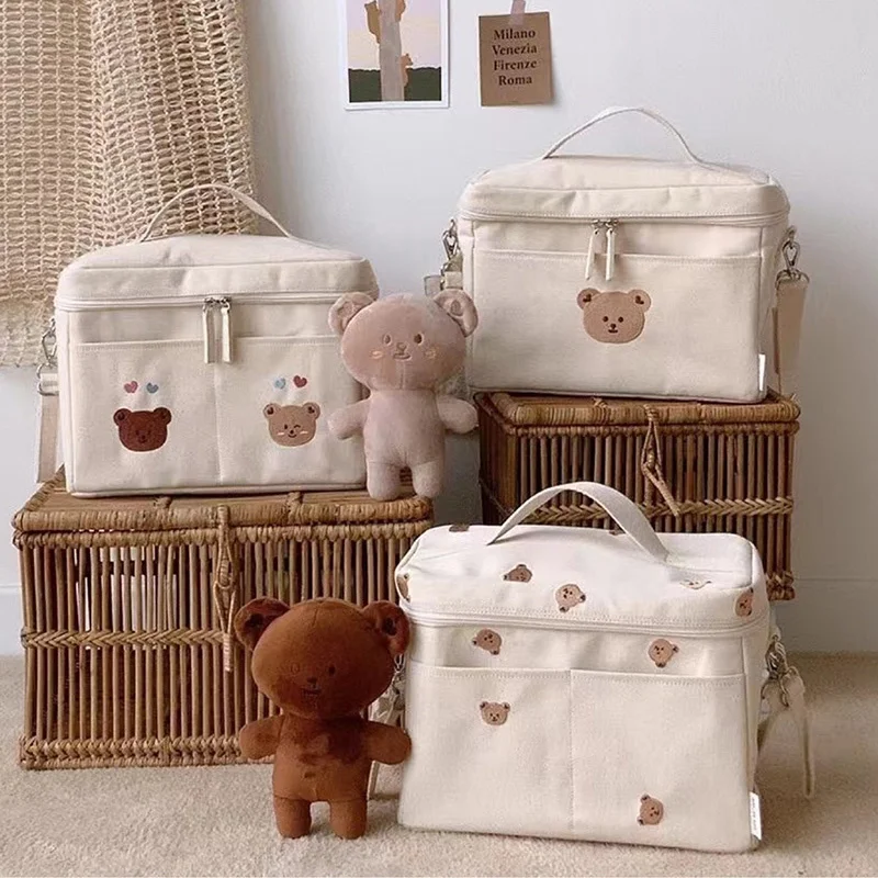 Embroidery Bear Insulated Lunch Bag Kids Portable Food Storage Canvas Waterproof Thermal Lunch Box Mommy Diaper Bag For Stroller