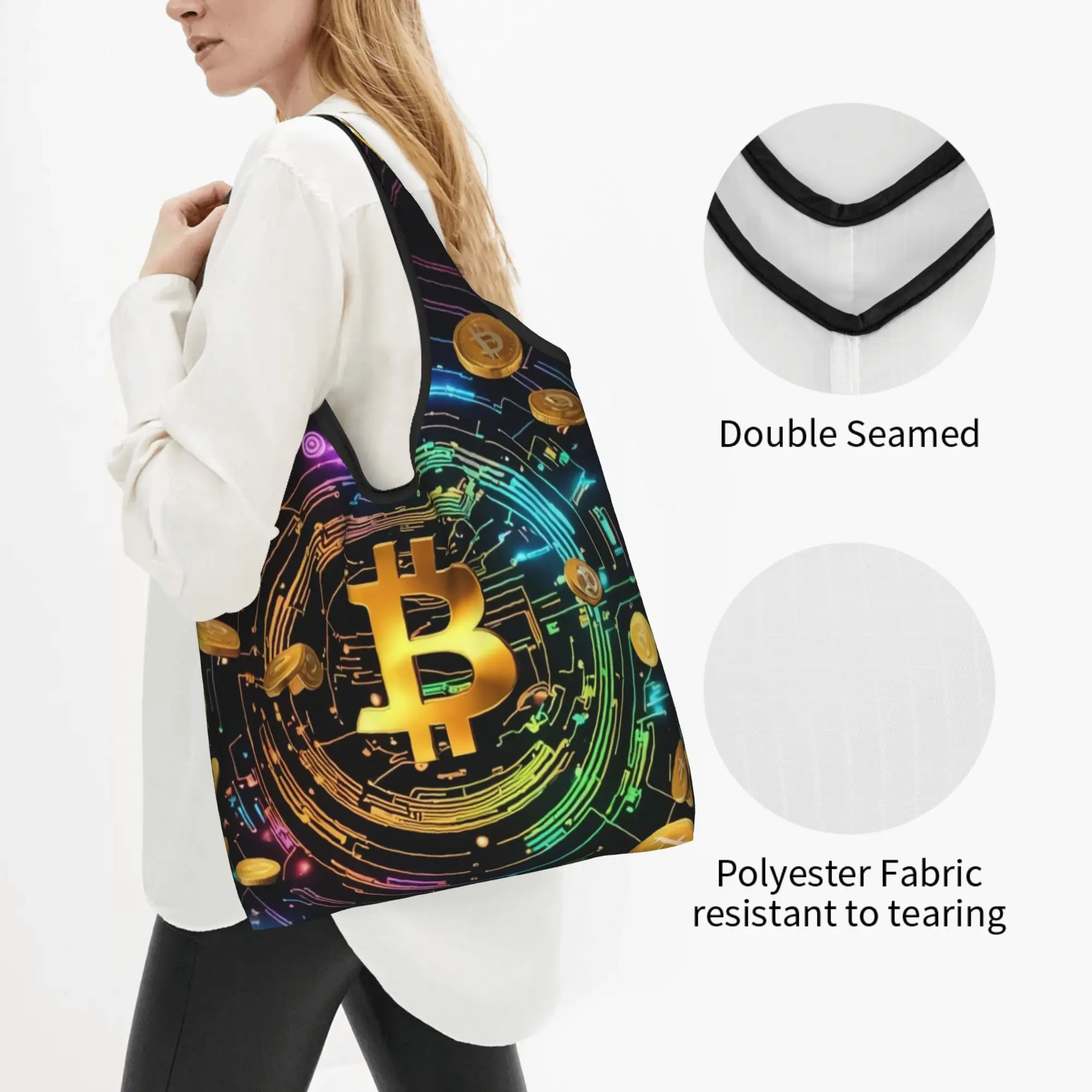 Reusable Crypto Virtual Currency Bitcoin  Shopping Bag Women Tote Bag Portable  Groceries Shopper Bags