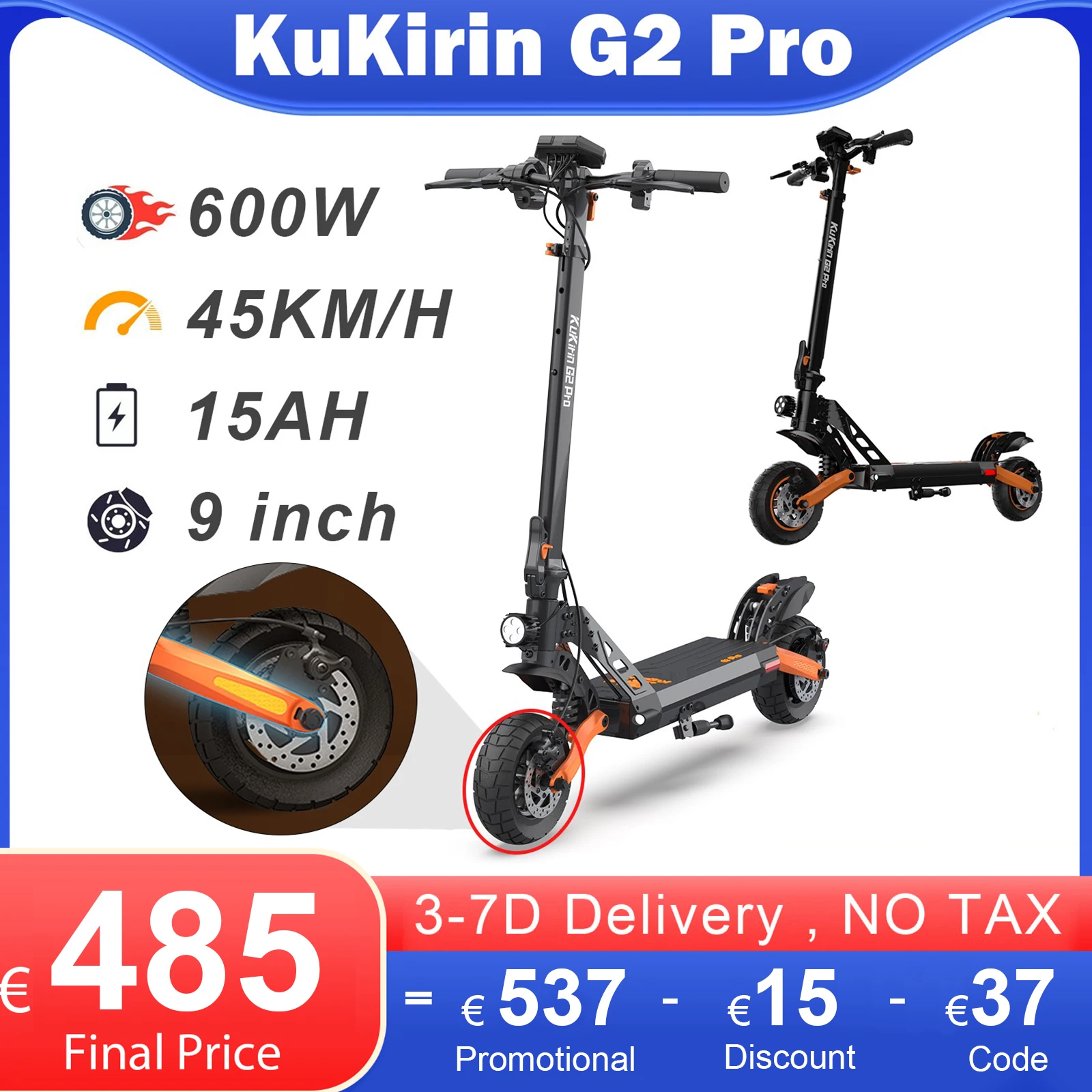 KuKirin G2Pro Off-Road Electric Scooter 55KM Max Range 600W Smart Folding Escooter for Adults 45KM/H 15AH Battery 9 Inch Tire